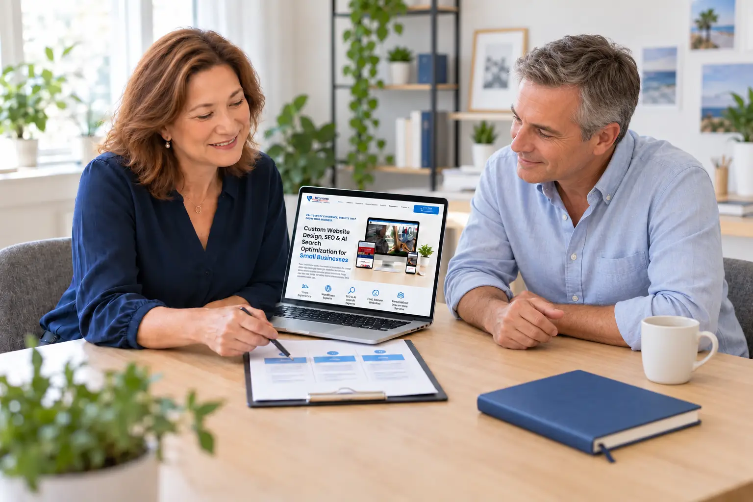Eileen Forte discussing a website design with a male client in her office Eileen Forte discussing a website design with a male client in her office