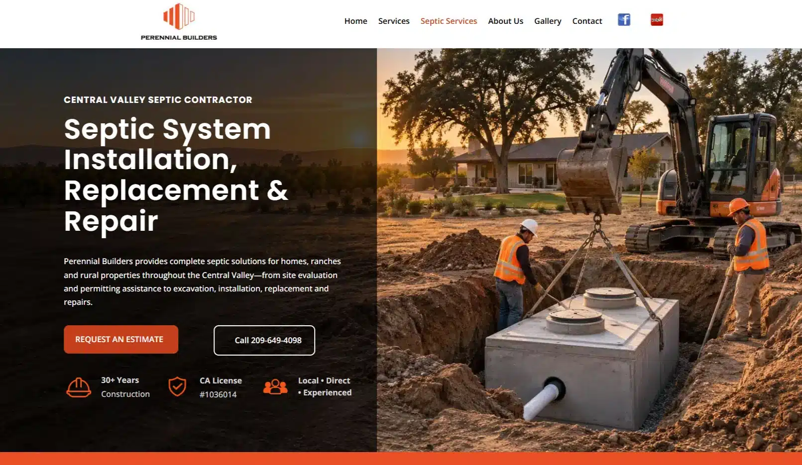 Website on septic services by Perennial Builders Website design to incorporate new septic services by Perennial Builders