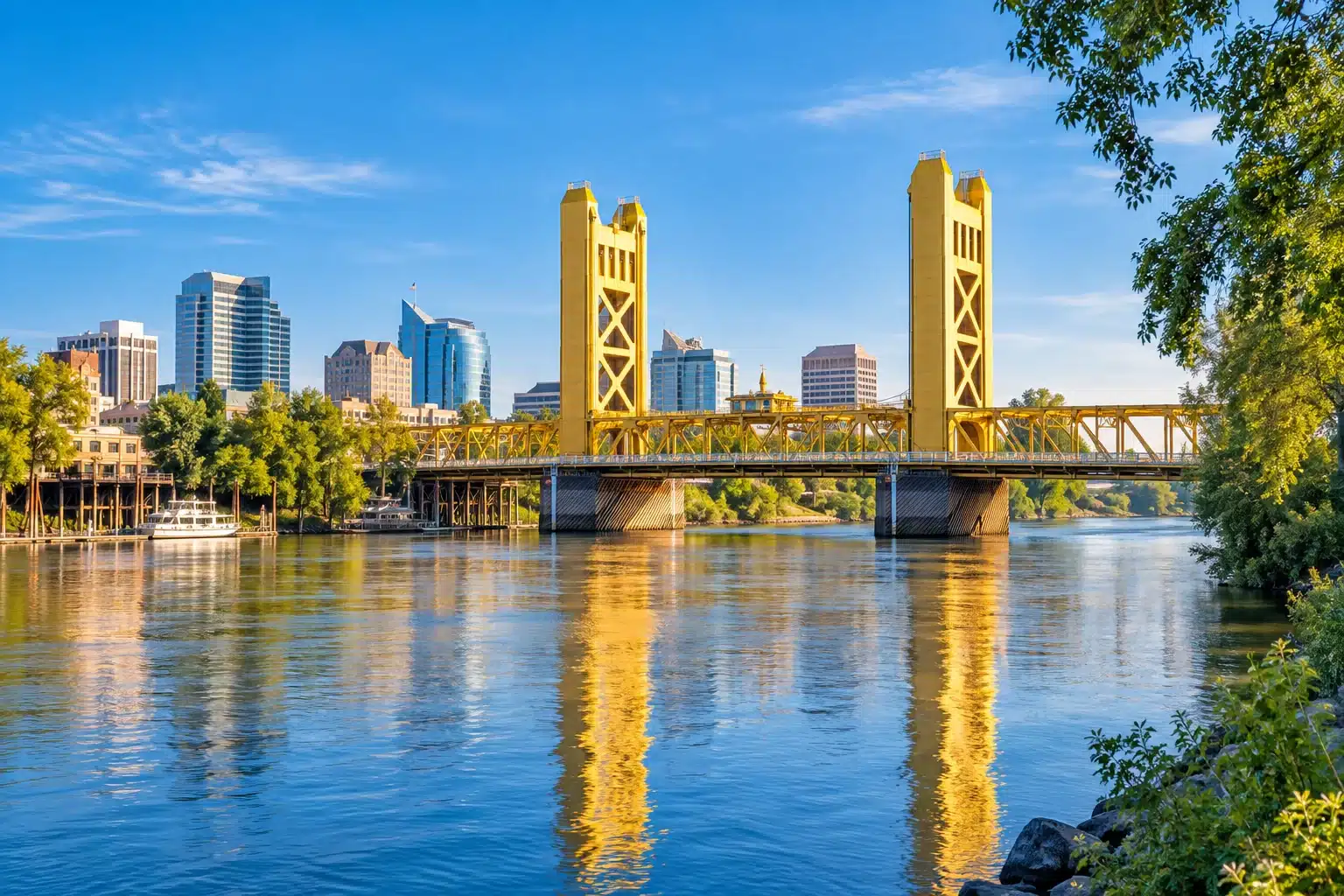 Illustration of Sacramento’s golden Tower Bridge beside the river Illustration of Sacramento’s golden Tower Bridge beside the river
