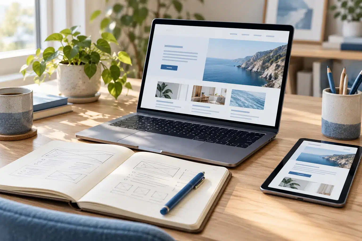 Laptop, tablet and website planning notebook on a bright desk Laptop, tablet and website planning notebook on a bright desk