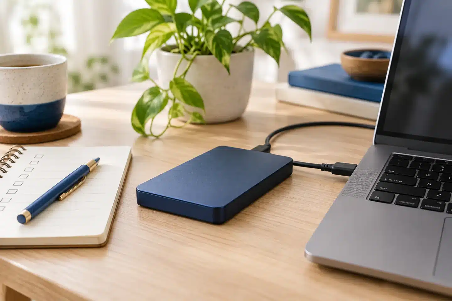 External backup drive connected to a laptop beside a checklist External backup drive connected to a laptop beside a checklist