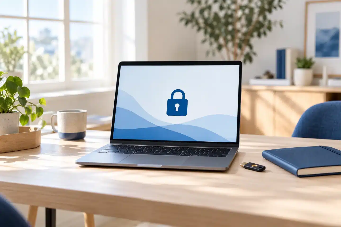 Laptop with a padlock symbol beside a physical security key Laptop with a padlock symbol beside a physical security key