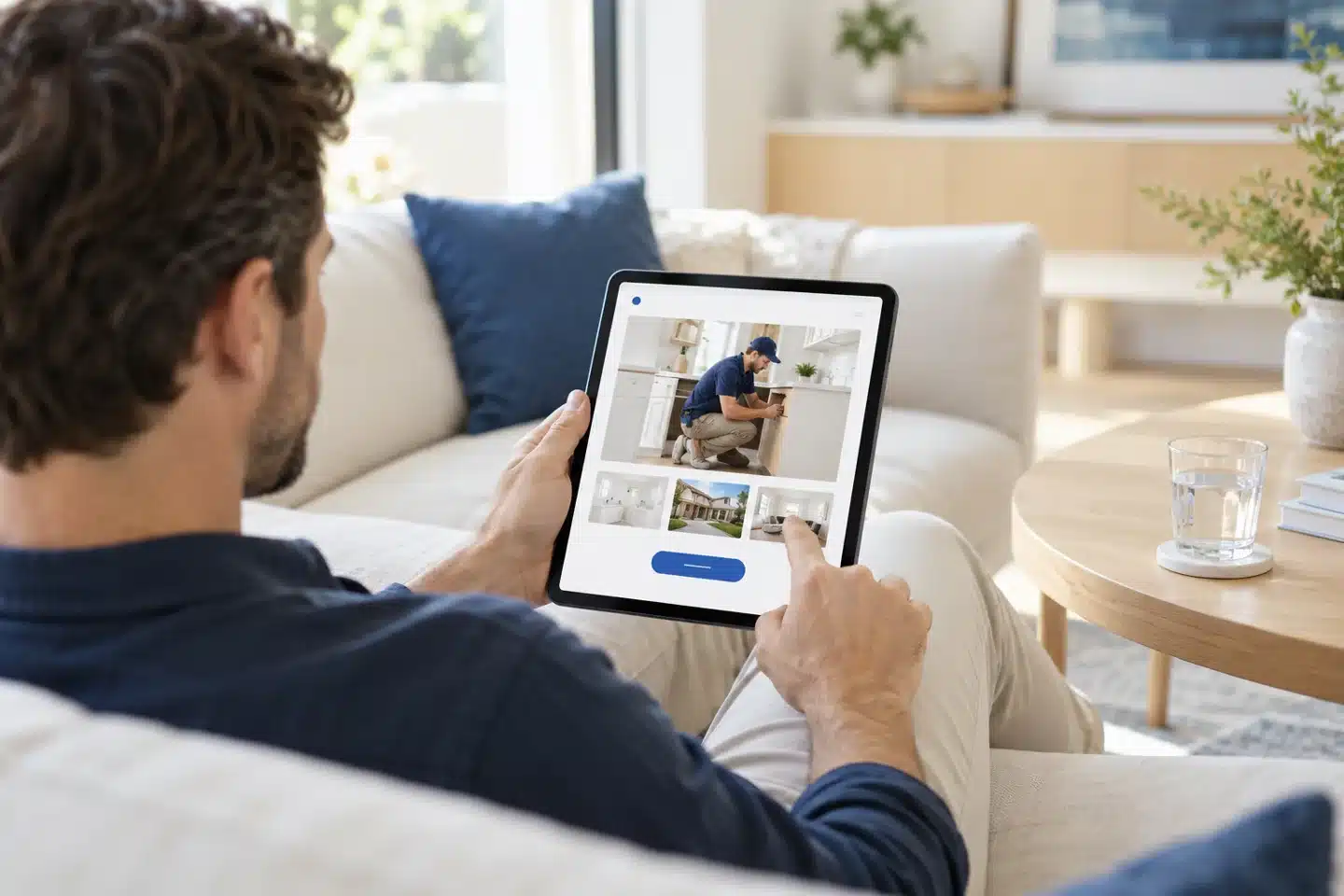 Customer reading a local service website on a tablet at home Customer reading a local service website on a tablet at home