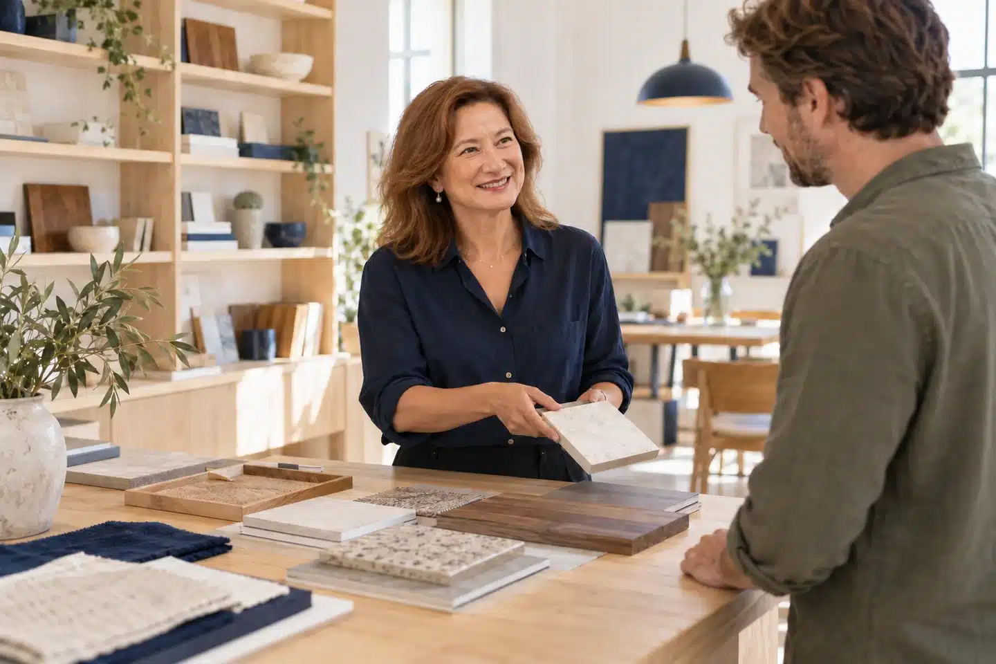 Eileen Forte discussing design materials with a client in a showroom Eileen Forte discussing design materials with a client in a showroom
