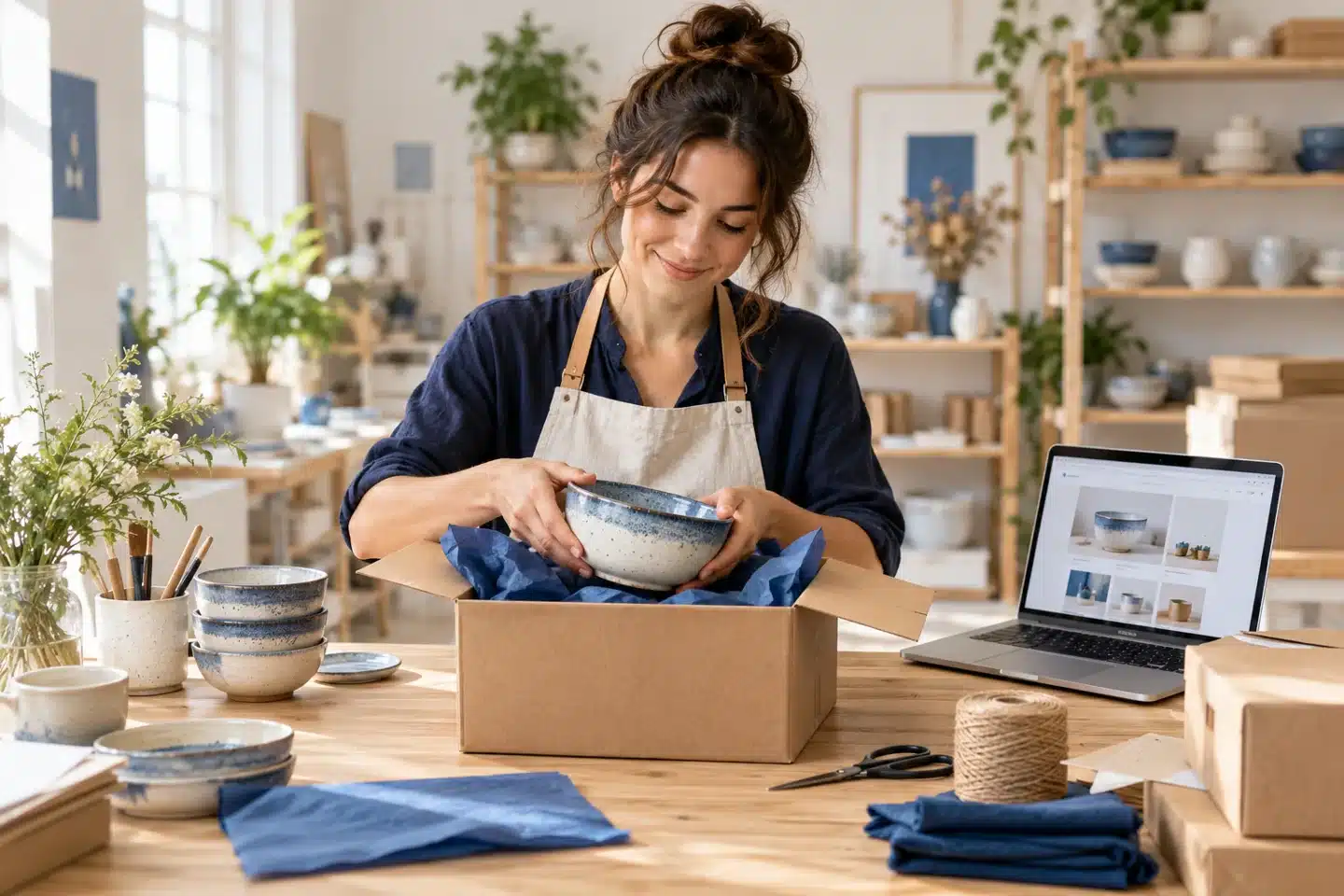 Small business owner packing a ceramic product beside an online storefront Small business owner packing a ceramic product beside an online storefront