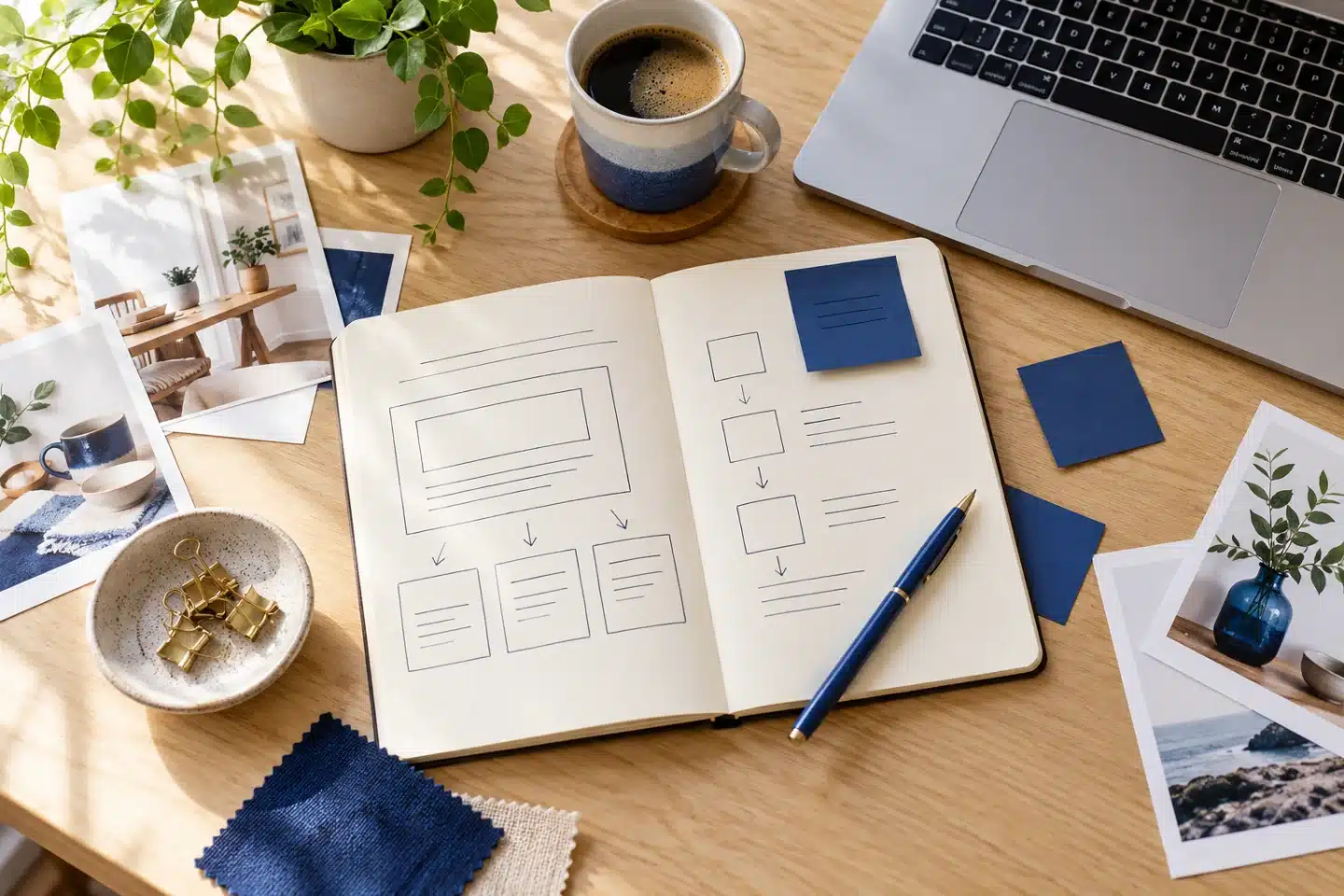 Notebook and website planning materials arranged on a desk Notebook and website planning materials arranged on a desk