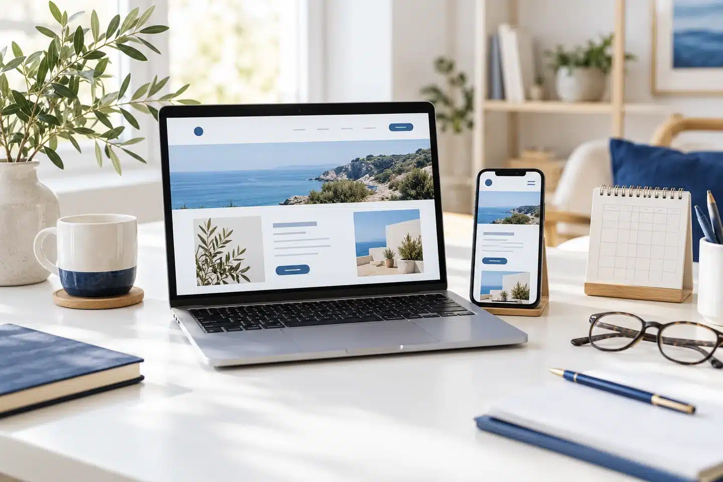 Laptop and phone displaying coordinated website layouts Laptop and phone displaying coordinated website layouts