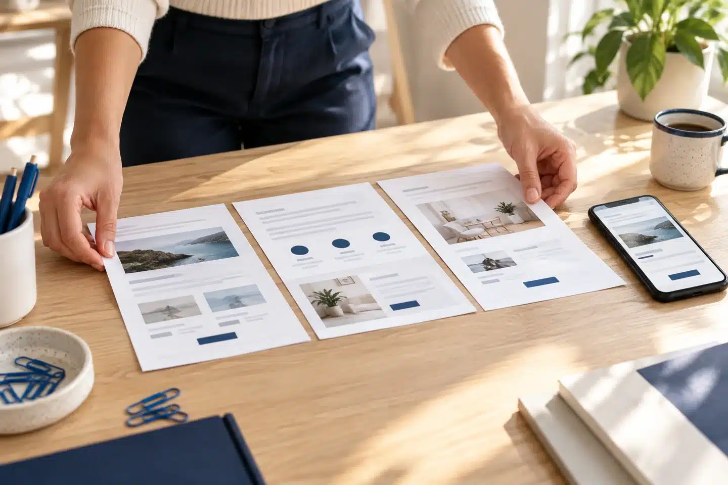 Hands arranging page layouts beside a mobile website Hands arranging page layouts beside a mobile website