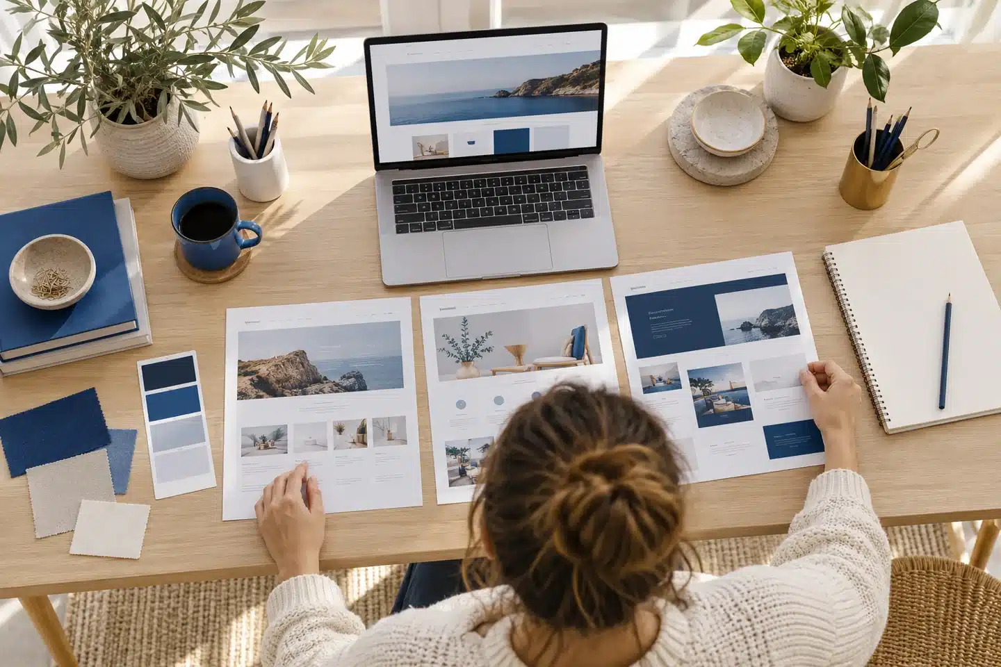 Designer comparing three printed website layout concepts Designer comparing three printed website layout concepts