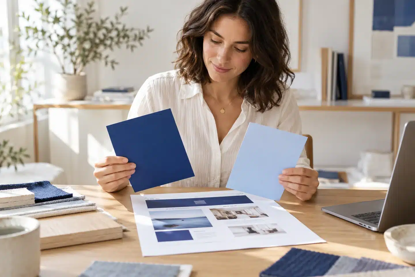 Designer comparing blue color samples with a printed website layout Designer comparing blue color samples with a printed website layout