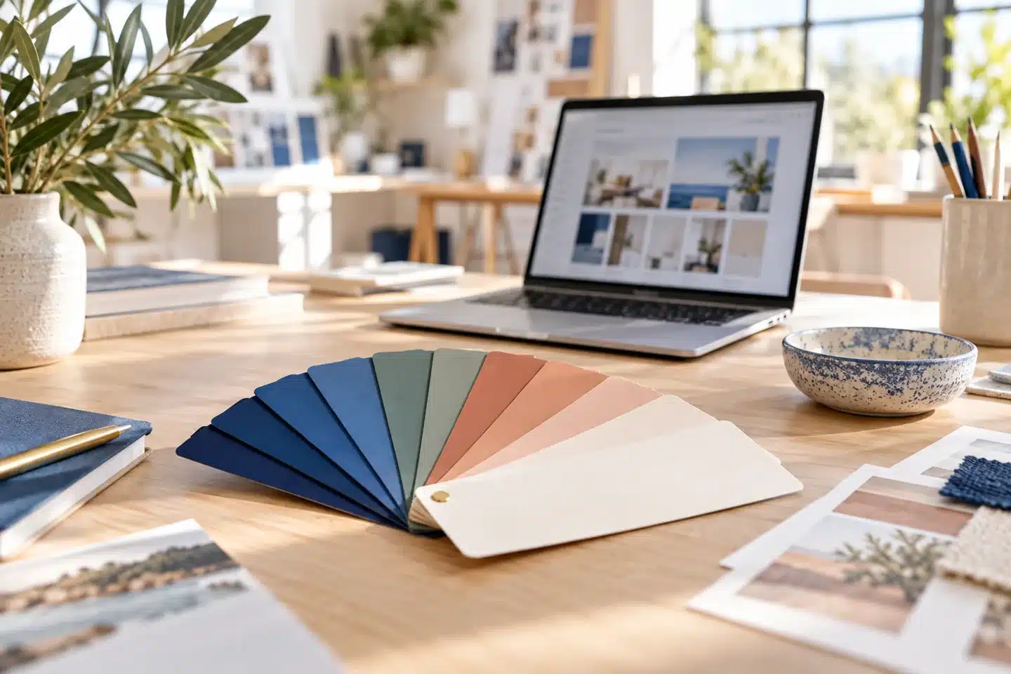 A fan of blue, sage, terracotta, and cream color samples A fan of blue, sage, terracotta, and cream color samples