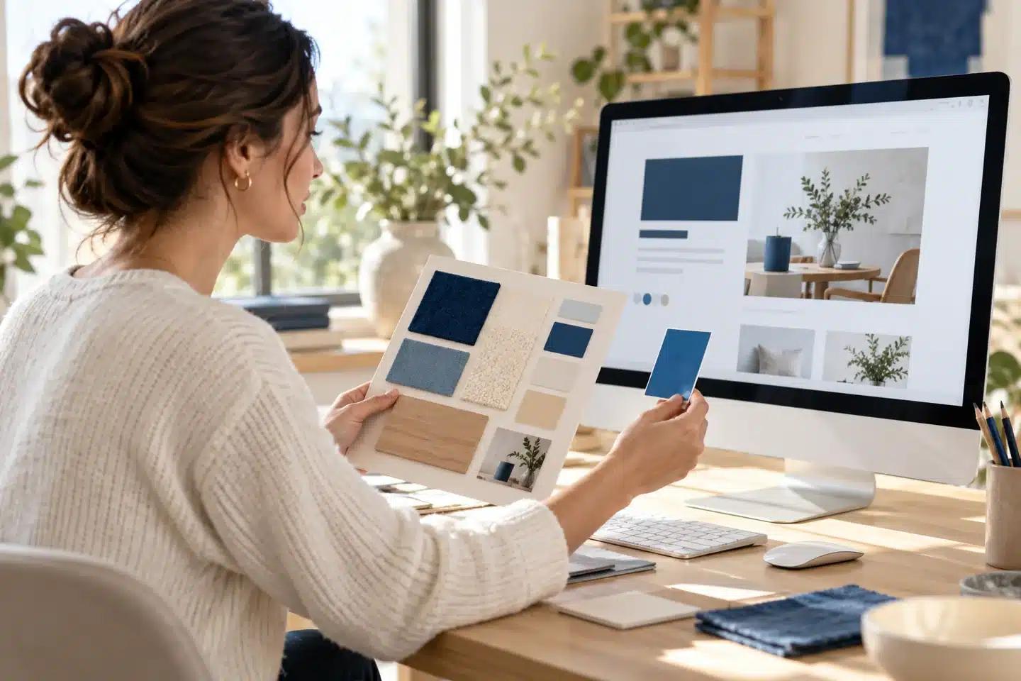 Designer comparing a palette board with a desktop website Designer comparing a palette board with a desktop website
