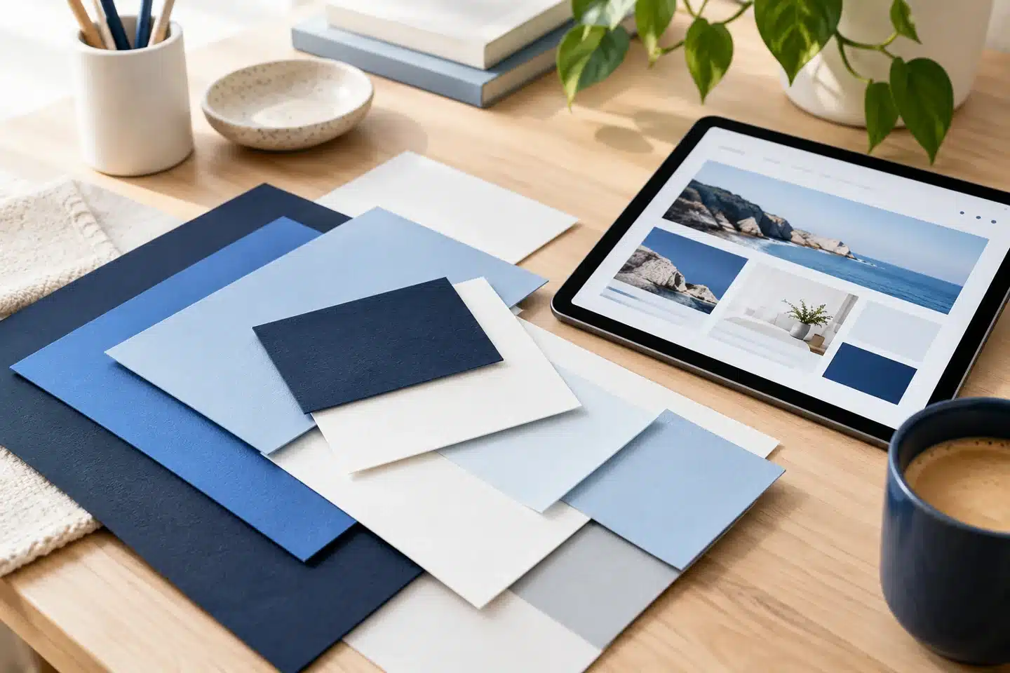 Dark and light blue paper samples beside a website on a tablet Dark and light blue paper samples beside a website on a tablet