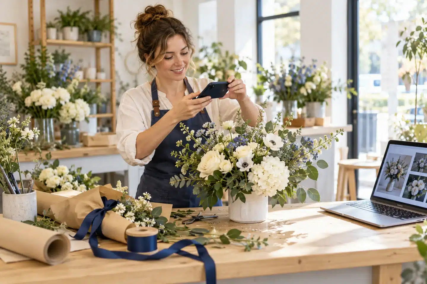 Florist photographing an arrangement for a business update Florist photographing an arrangement for a business update