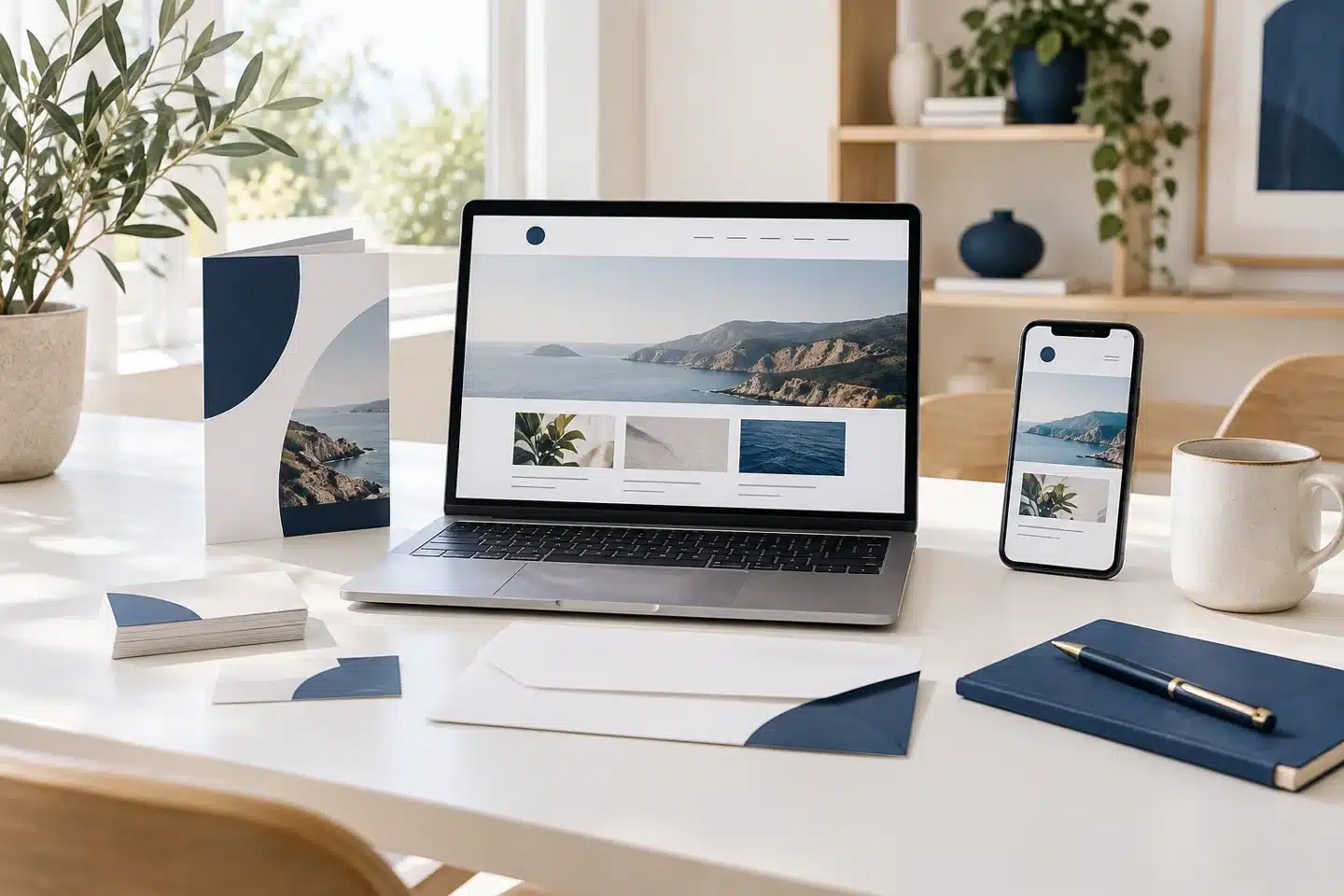 Coordinated website, phone, brochure, and business cards Coordinated website, phone, brochure, and business cards