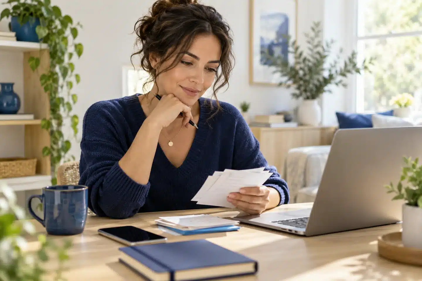 Business owner reviewing inquiry notes beside a laptop Business owner reviewing inquiry notes beside a laptop