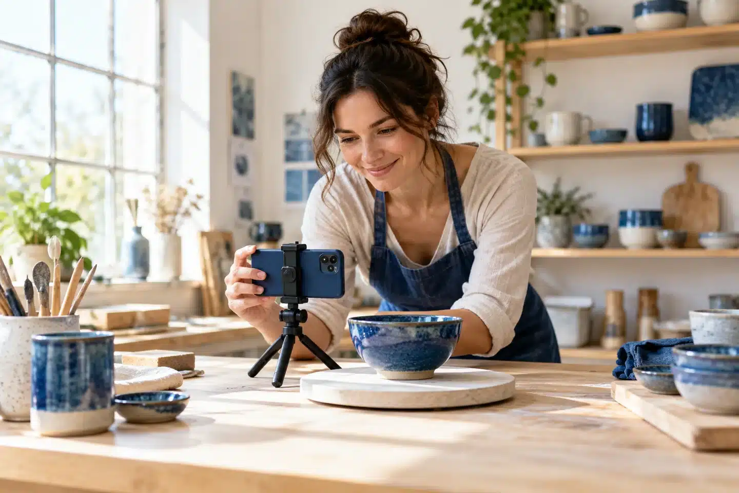 Ceramic maker photographing a handmade bowl with a phone Ceramic maker photographing a handmade bowl with a phone