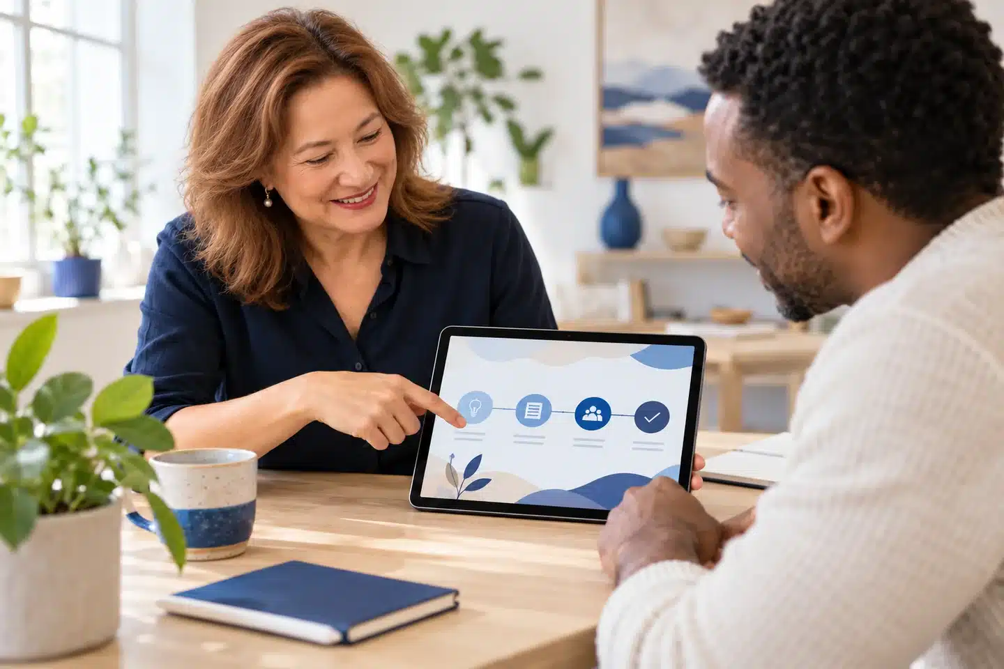 Eileen Forte explaining a service guide to a client on a tablet Eileen Forte explaining a service guide to a client on a tablet