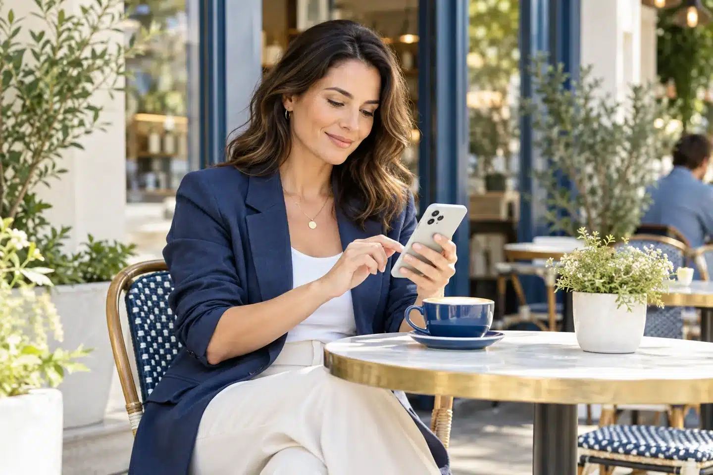 Woman browsing on a smartphone outside a cafe Woman browsing on a smartphone outside a cafe