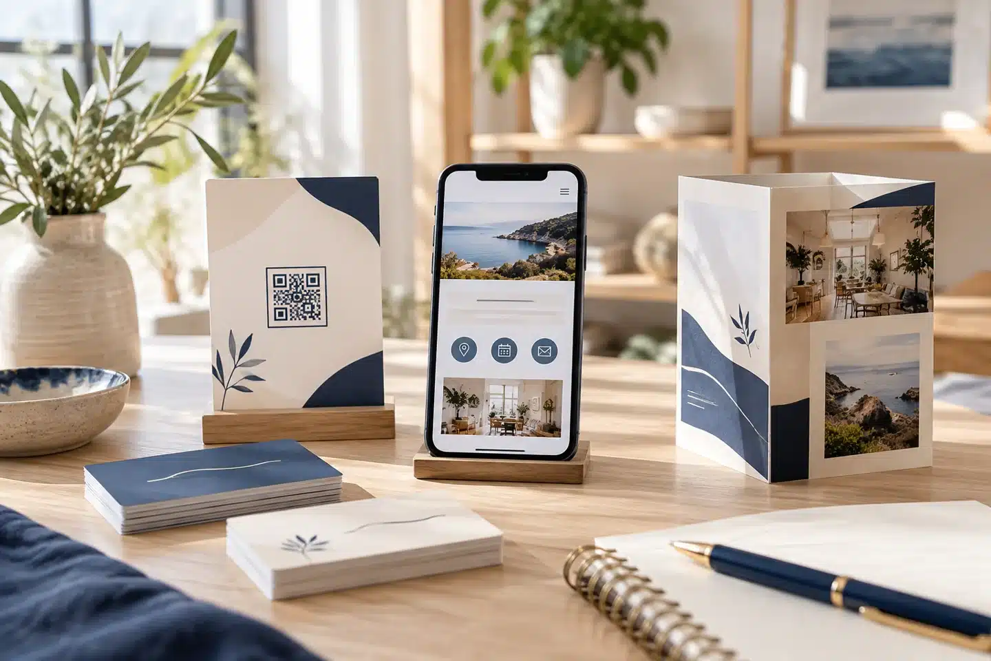 Printed marketing materials and a phone showing a mobile webpage Printed marketing materials and a phone showing a mobile webpage