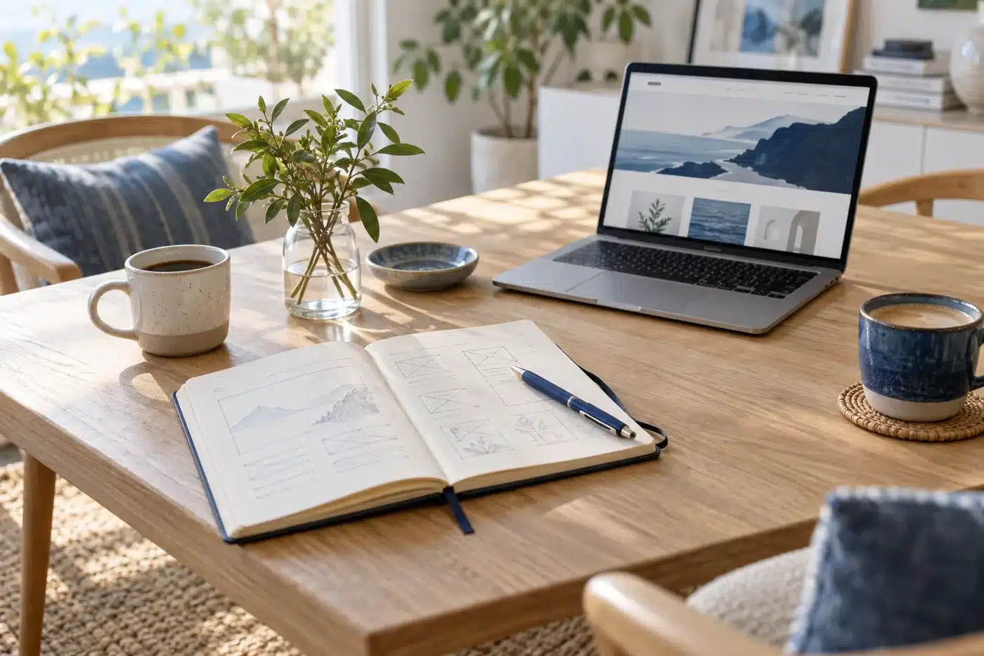 A conversation about your next website Notebook with website sketches beside a laptop and two coffee cups
