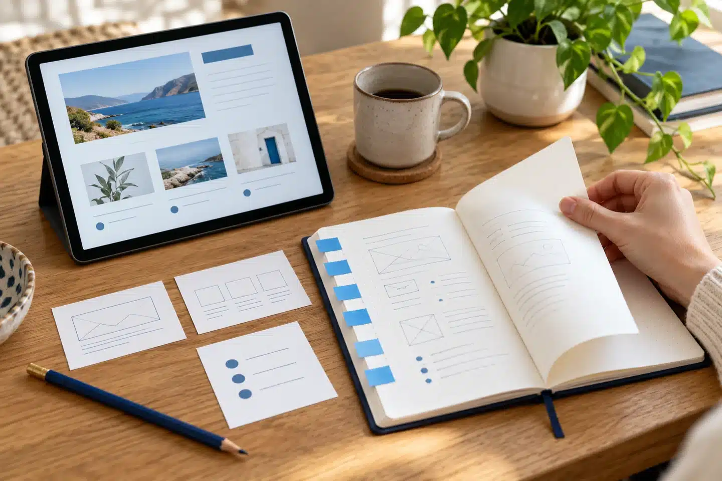 Tablet guide and notebook arranged for website planning Tablet guide and notebook arranged for website planning