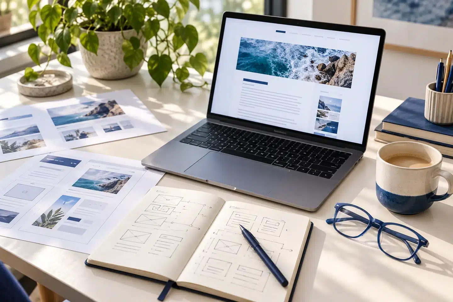 Website articles and planning materials arranged on a bright desk Website articles and planning materials arranged on a bright desk