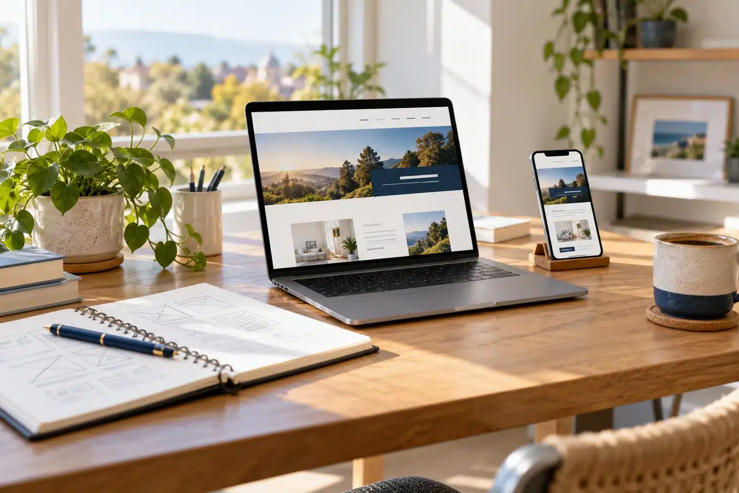 Laptop and phone showing coordinated website layouts on a studio desk Laptop and phone showing coordinated website layouts on a studio desk