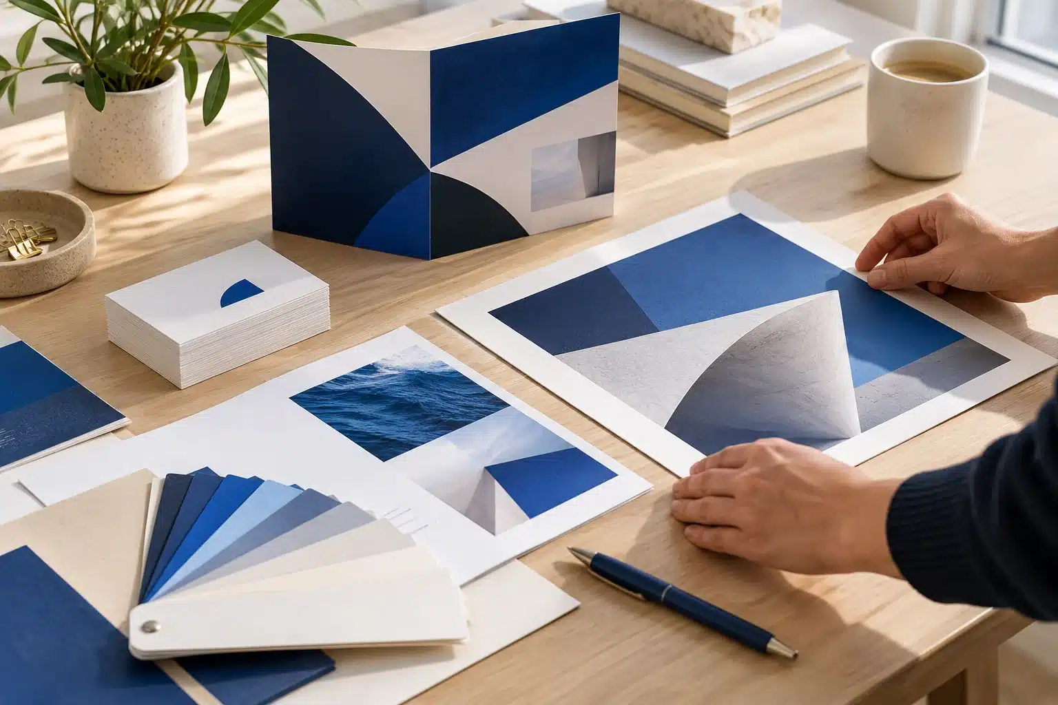 Print Services – Original Brand Materials Coordinated blue brochures, business cards, flyers and paper samples on a design desk