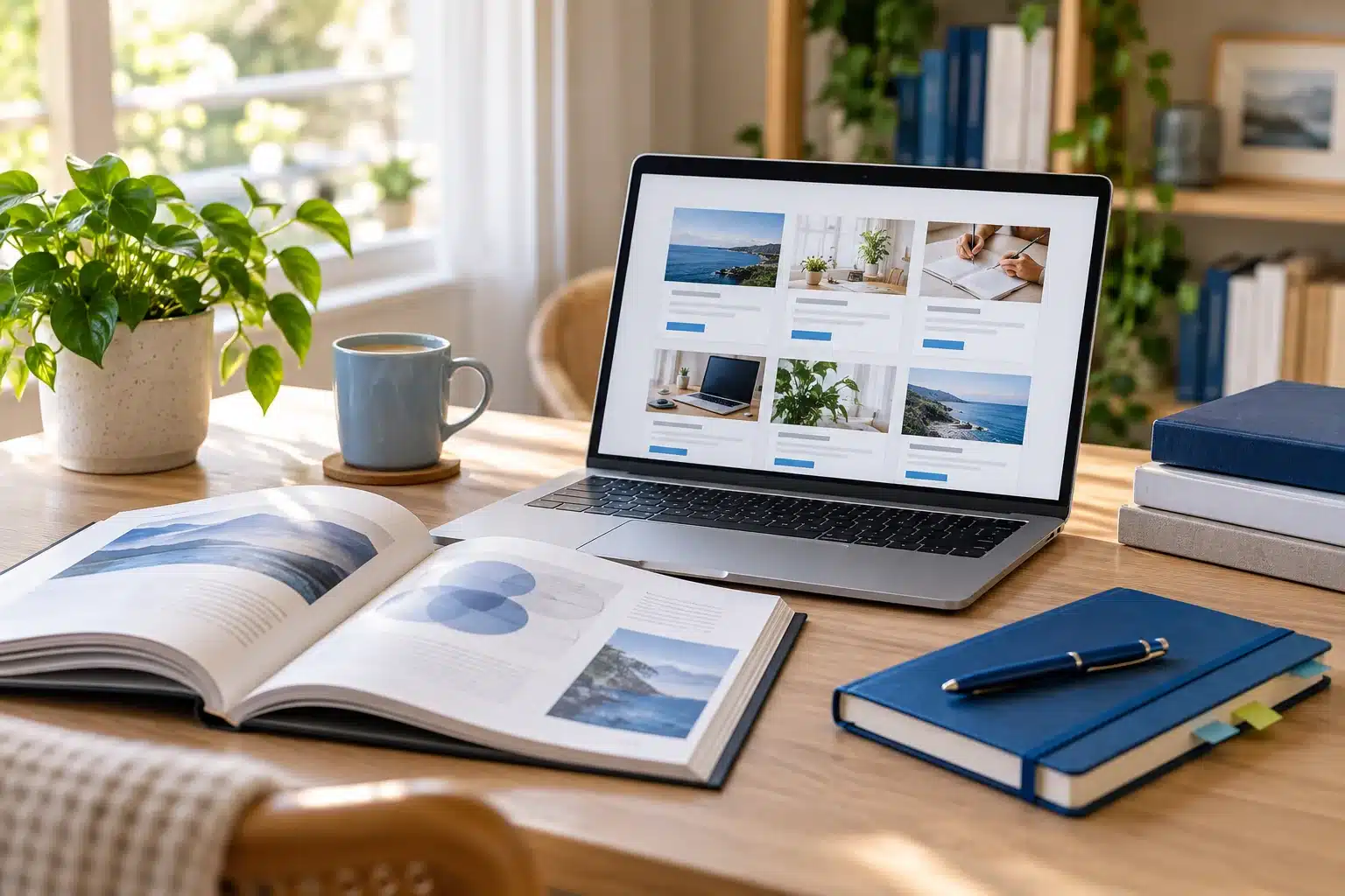 Resources – Website Learning and Ideas Laptop displaying website resources beside an open reference book and blue notebook