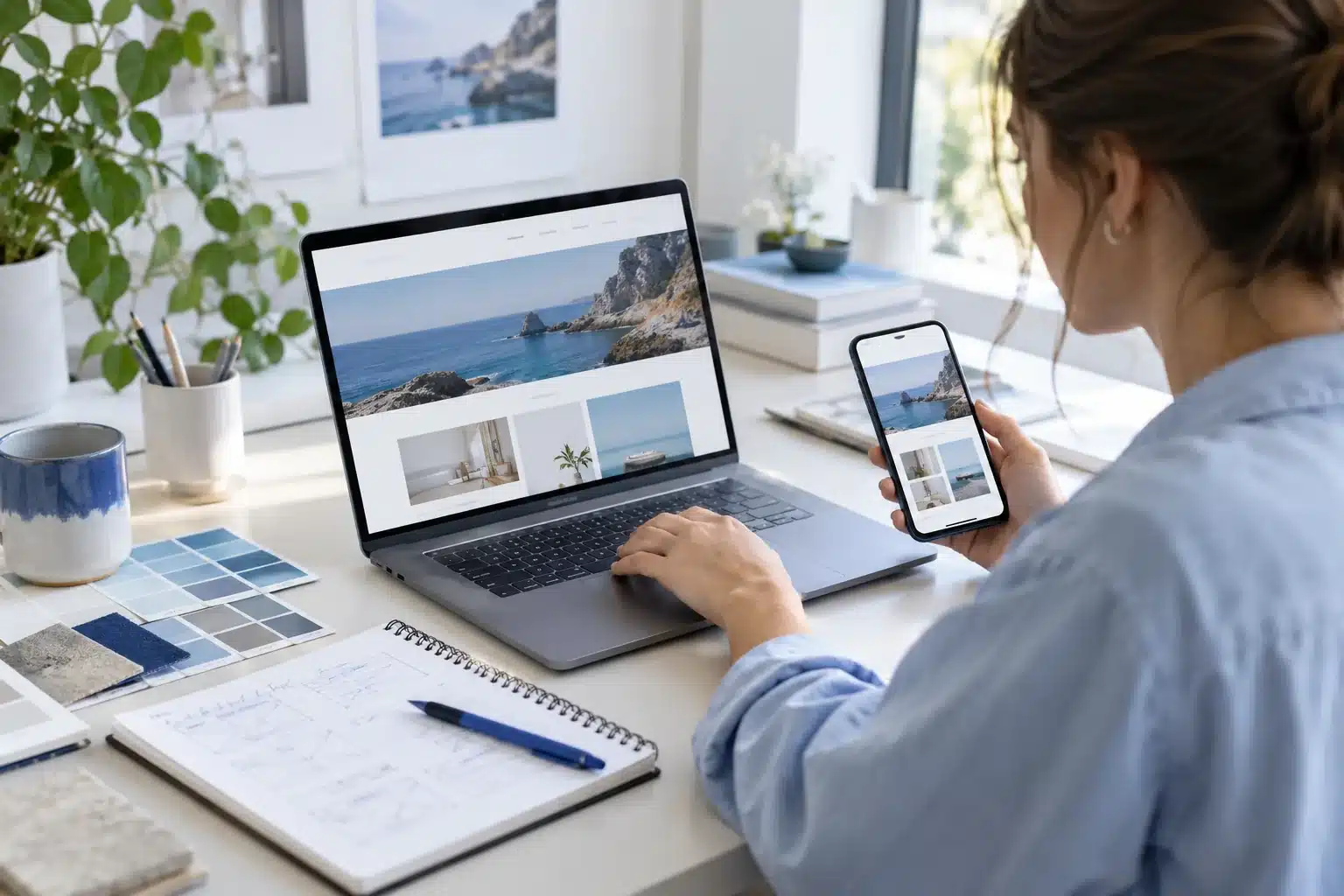 Reviewing a website on a laptop and smartphone