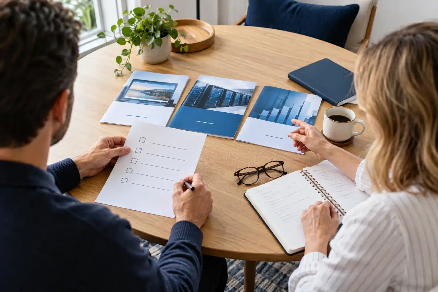 Selecting Business Resources – Planning Together Two business owners comparing website, hosting and marketing proposals at a table