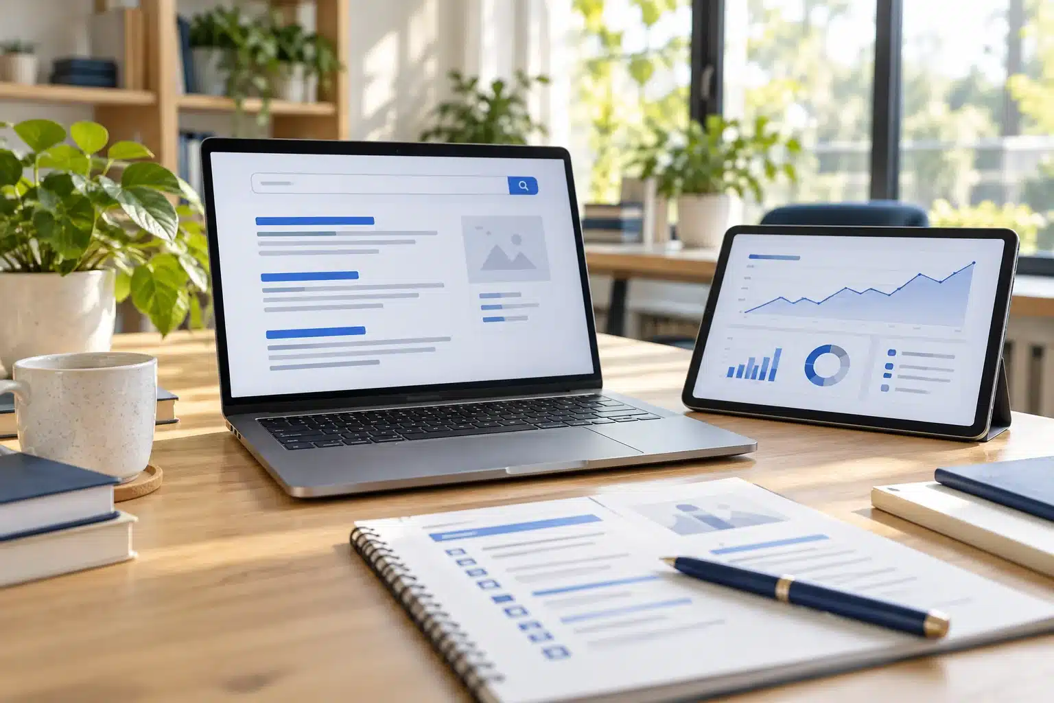 SEO Services – Search and Content Planning Laptop with a search layout beside a tablet and content planning notebook