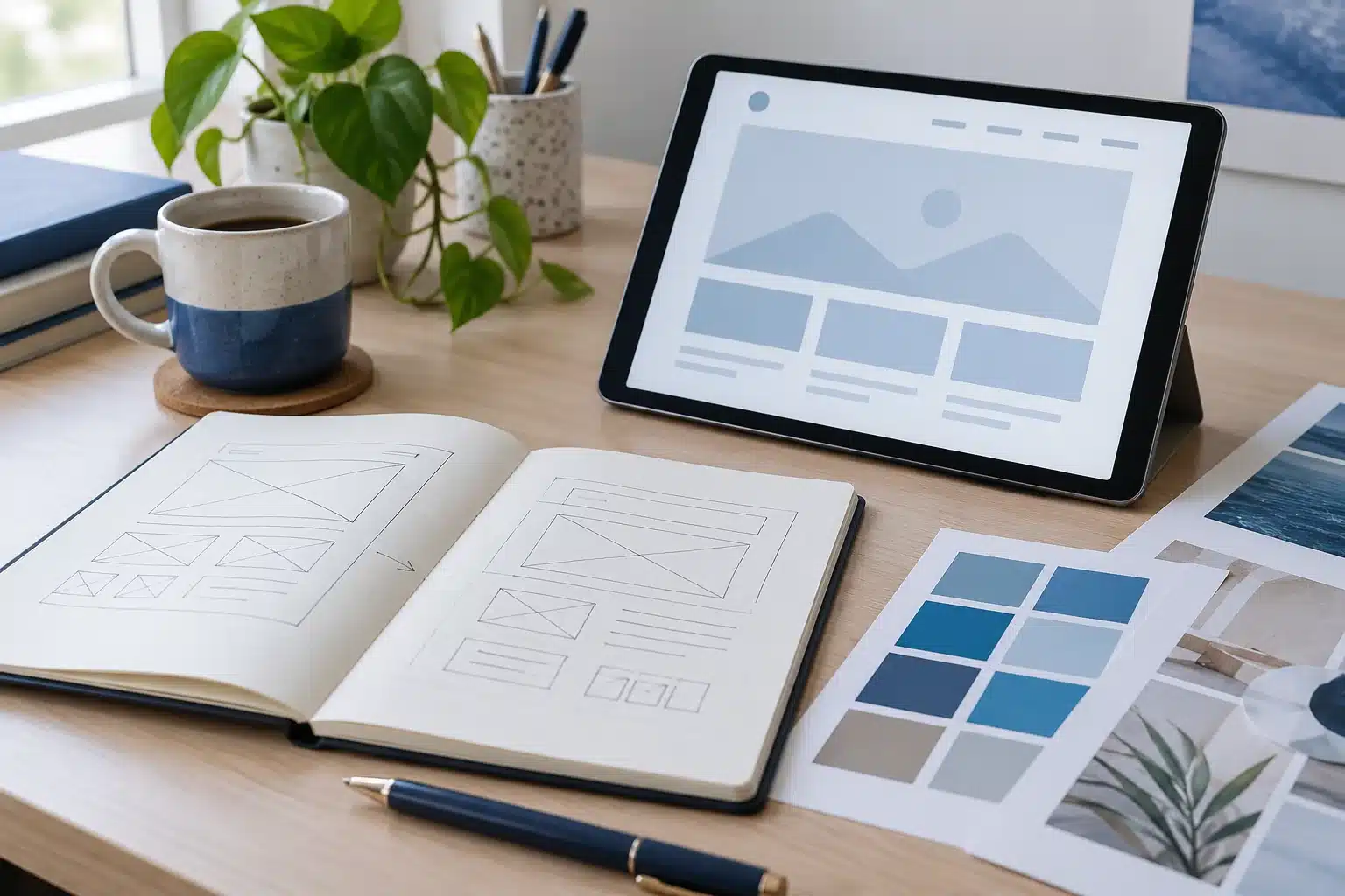 Website layout sketches, color samples, and a tablet on a desk